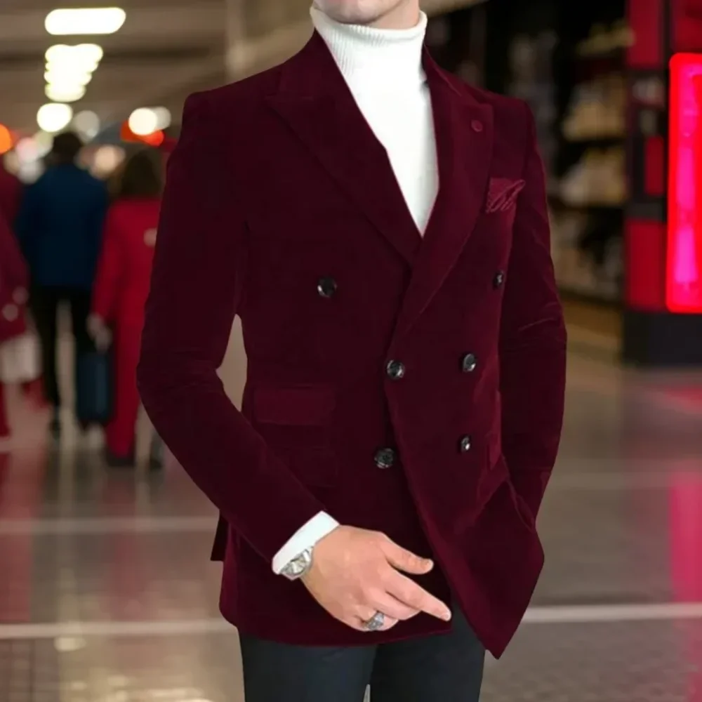 

Tuxedo With Double Button Velvet Suit Jacket for Men Slim Fit Wedding Satin Lapels Cocktail Dinner Party Sports Coat