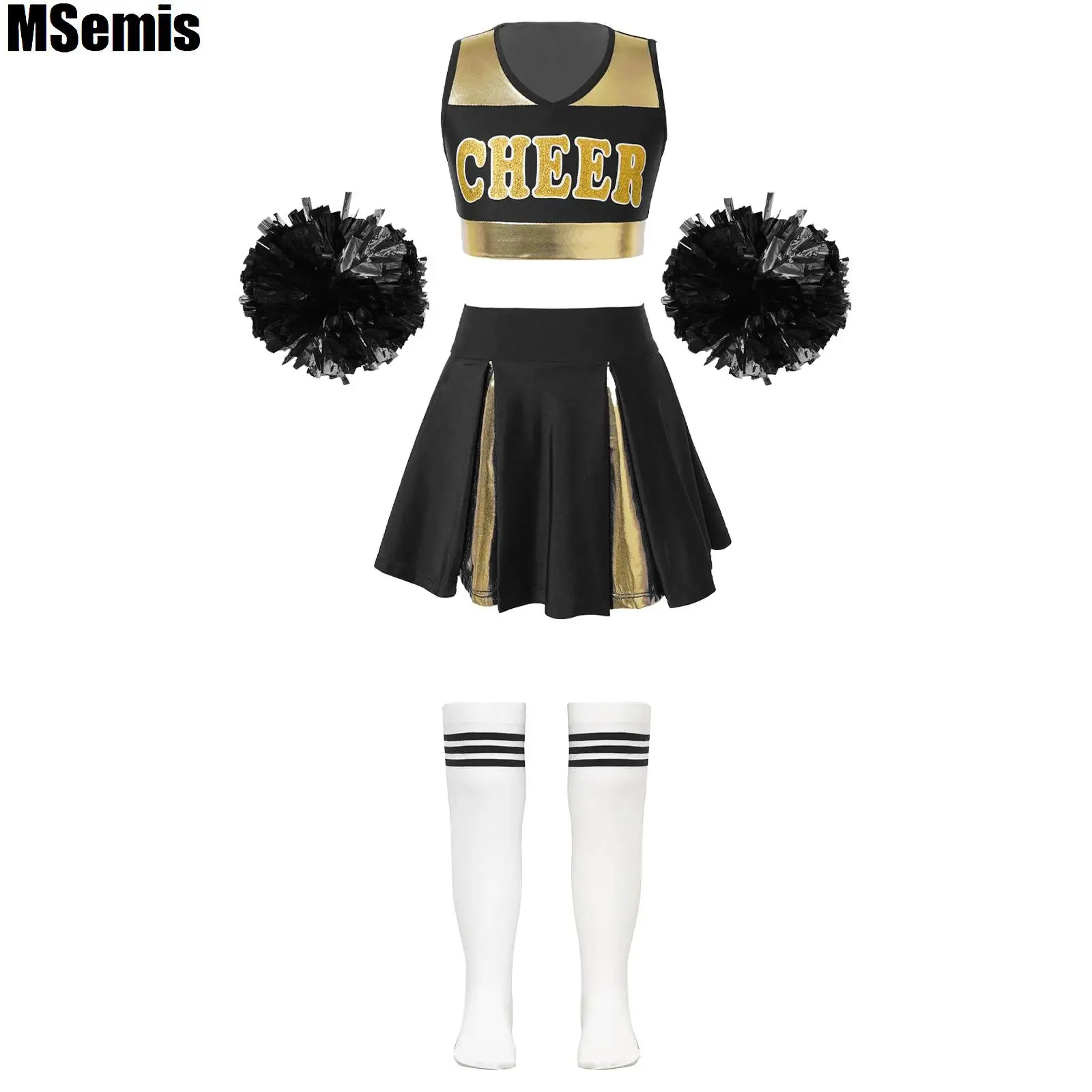 

Kids Girls Cheerleading Dance Outfits Sleeveless V Neckline Letter Print Crop Top Pleated Skirt Flower Balls Striped Tube Socks