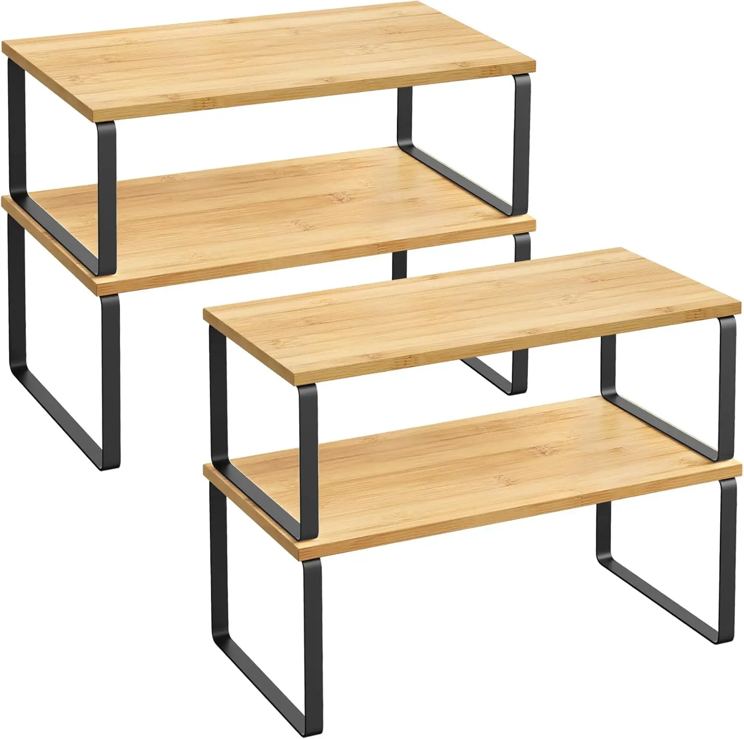 

Set of 4 Stackable Kitchen Counter Shelves, Expandable Spice Rack, Metal and Wood Storage Organizer in Black and Beige