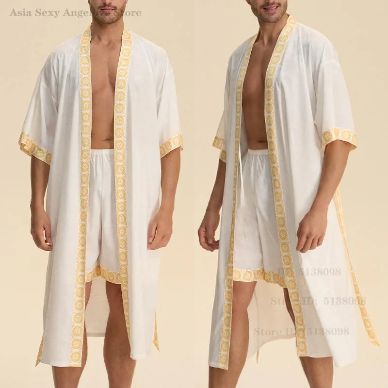 

Весенне-летний новый халат, шорты, пижамный комплект, мужской шелковый атласный халат, мужская одежда для сна, свободная домашняя одежда, домашняя одежда, костюм из 2 предметов