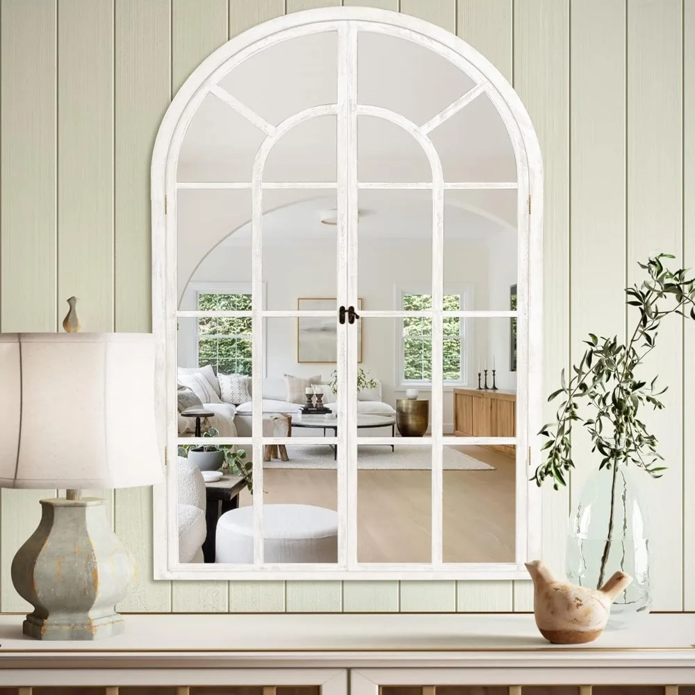 Espejo de pared estilo ventana arqueada, 36x24 pulgadas, marco de madera, estilo granja, arte decorativo de pared para el hogar