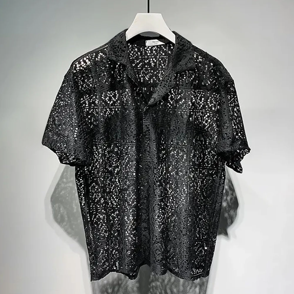 Mens See-Through Hollow Short-Sleeve Casual Shirt 2024 New Genderless Fashion Individuality Retro Sexy Lace Loose Shirt Unisex