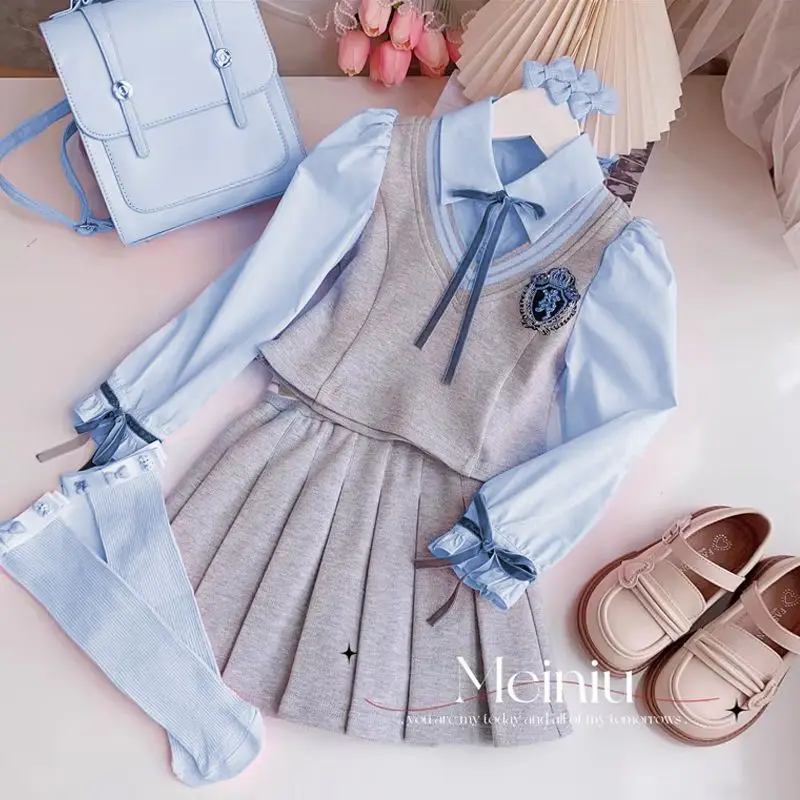 Children's Clothing Sets Fake Two Pieces Blouse + Pleated Skirt Kids Clothes Girls 4 To 15years Skirt Sets Baby Girl Outfit Set