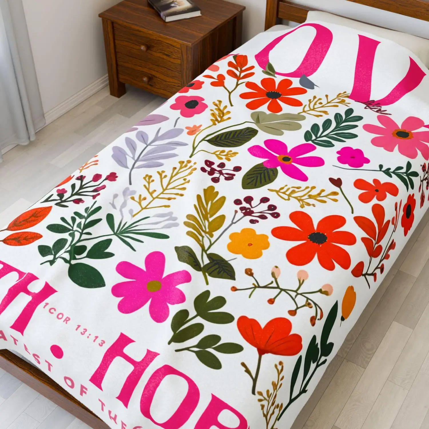 [Flannel Blanket] 1 Corinthians 13:13 Love, Faith, Hope Floral Pattern Plush Blanket, Colorful Flowers with Scripture
