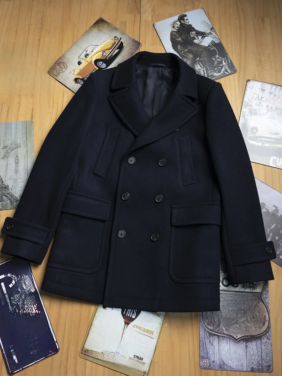 

British Style Thickened Woolen Coat Men's Slim Fit Short Coat Outerwear Casual Double Breasted Pea Coat Youthful Vitality Style