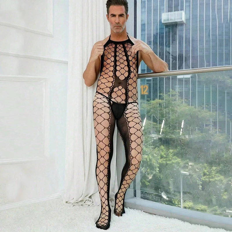 Men\'s Sexy Lingerie Fishnet Stockings Adult Male Underwear Exotic Lingerie Man Transparent Mesh Crotch Tights