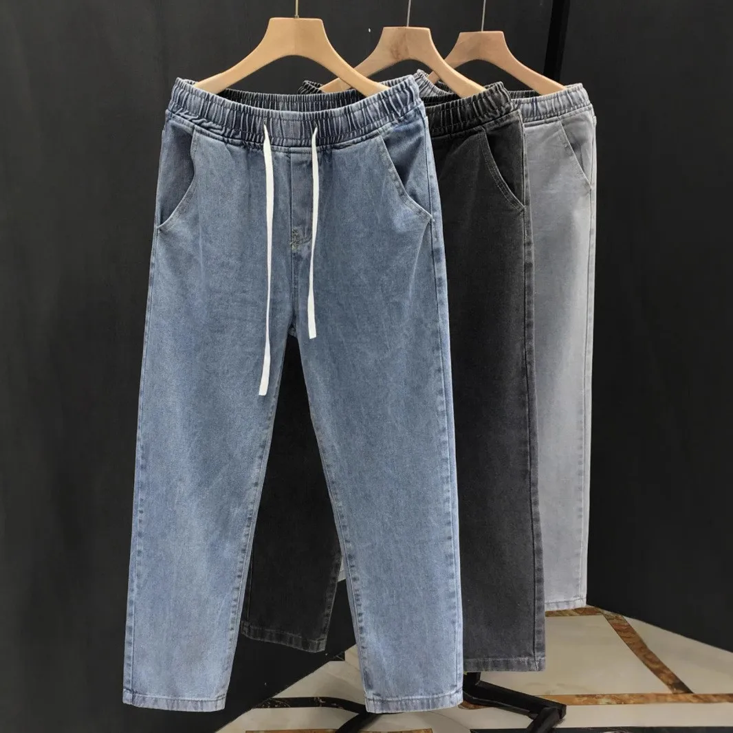 Celana Jeans Pria Pinggang Elastis Model Dstring Musim Panas, Potongan Lurus Longgar Sembilan Perempat, Trendi, Kaki Lebar, Kasual