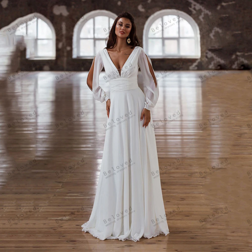 

Bohemia Wedding Dresses A-Line Chiffon Bridal Gowns Long Puff Sleeves Backless Graceful Robes Glamorous Vestidos De Novia 2023