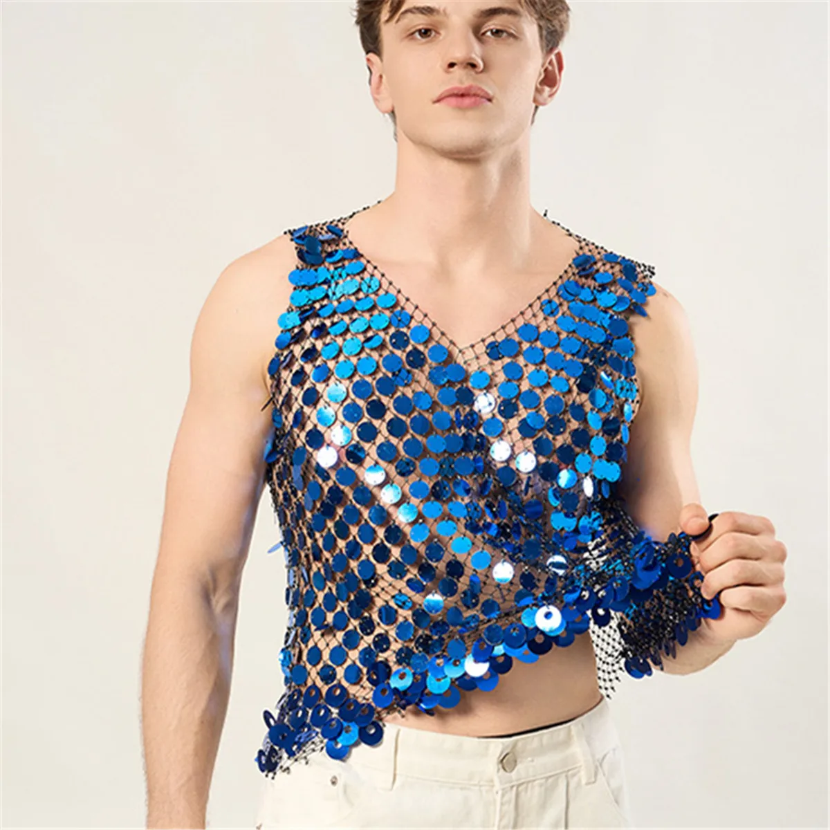 Blue Glitter Tank Tops Men Hollow Out Fishnet Muscle Vest Man See Through Tees Sequins Sleeveless T-Shirt Sexy Nightclub Tops
