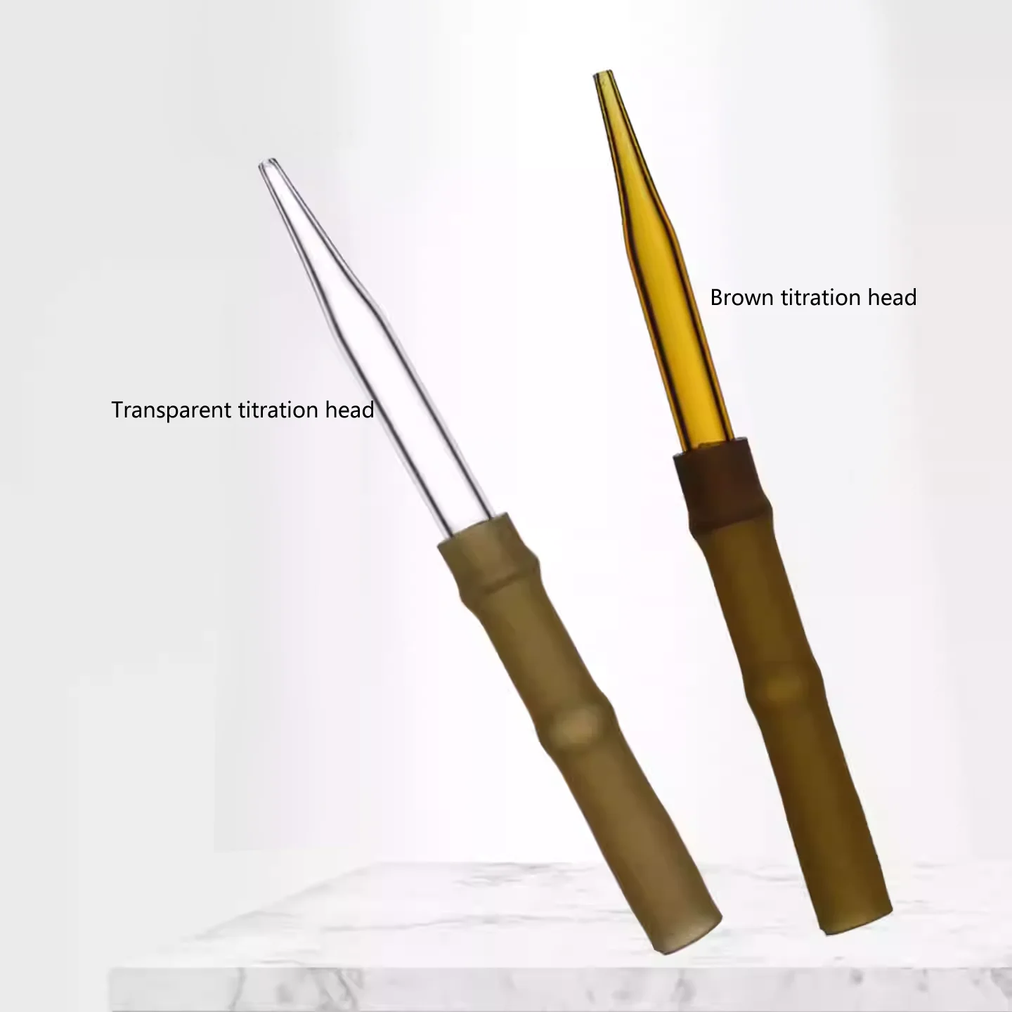 Special dropper head for alkaline burette, rubber tube, droplet, transparent brown with glass beads