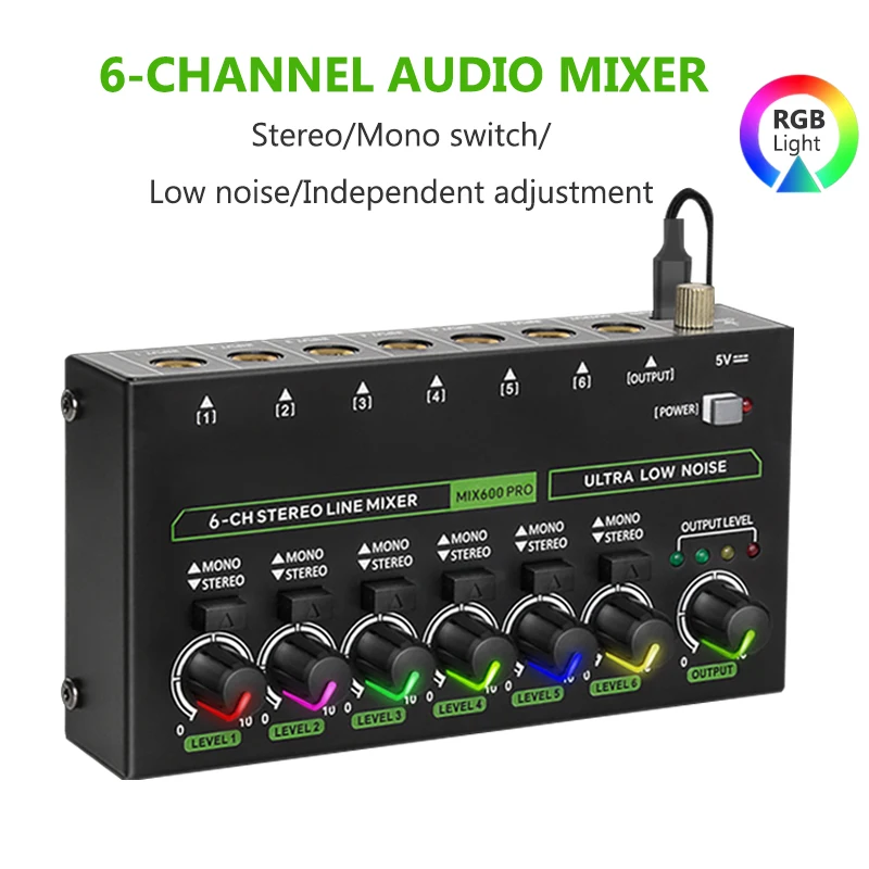 6 Channel Audio Mixer Low Noise Stereo Mono Line Mixer 6.35mm TRS/TS Input DC5V Audio Processor for Guitar Bass Keyboard Stage