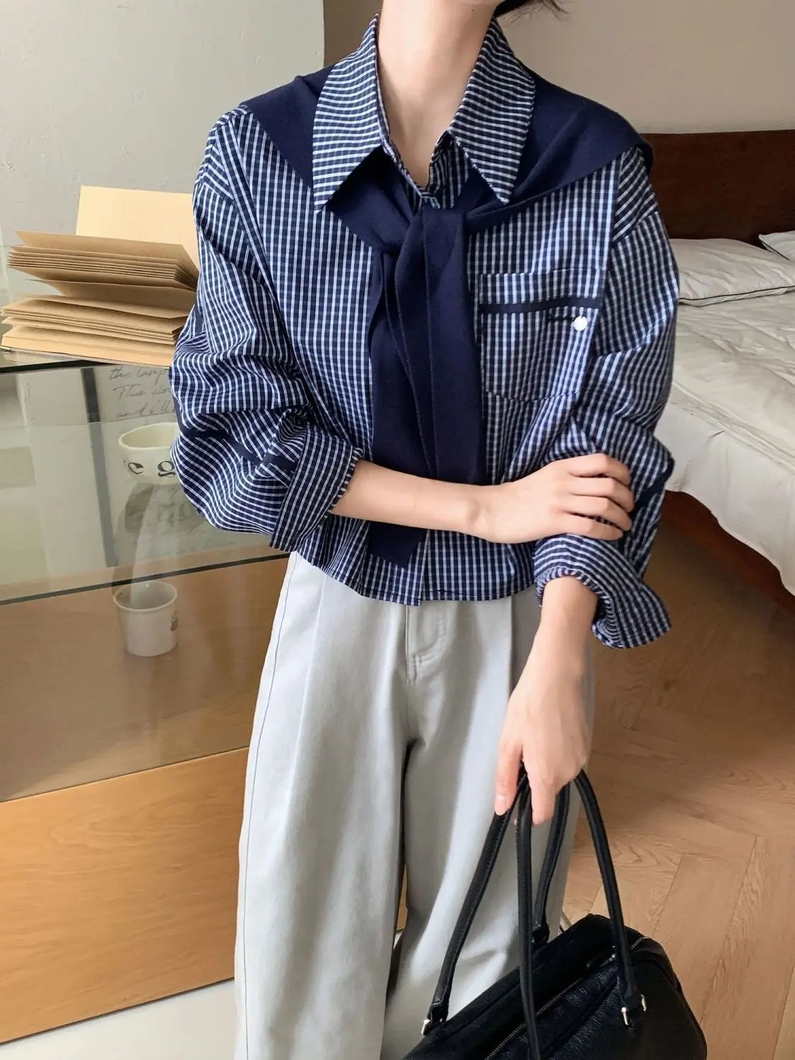 

New Retro Checkered Shirt Paired With Shawl Casual Fashion Versatile Top Single Breasted Top For Women
