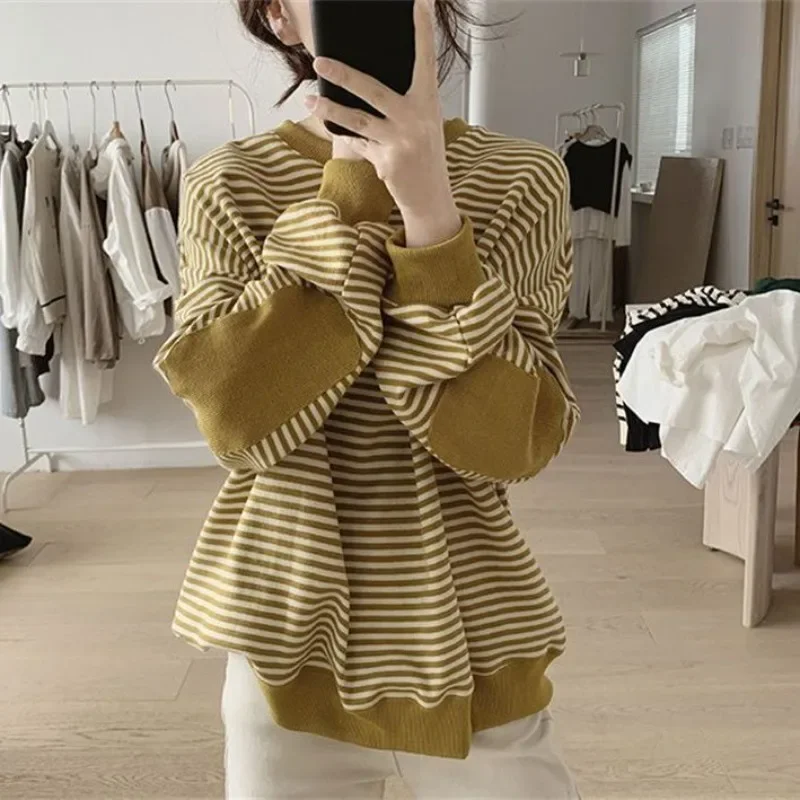 Female Top Spring and Autumn Women\'s Sweatshirts Striped Korean Pullovers Xxl Long Sleeve High Quality Youthful Clothes M New In