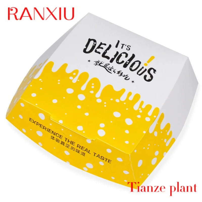 Custom Free Sample Eco-Friendly Material Glossy Lamination Fast Food Restaurant Yellow Hamburger Box Packaging With Customized P