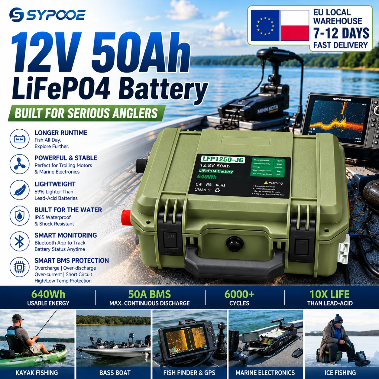 12V 50AH LiFePO4 Battery 100AH 140AH For Fishing Boat Trolling Motor Fish Finder 6K Cycle Bluetooth BMS Portable Lithium Battery