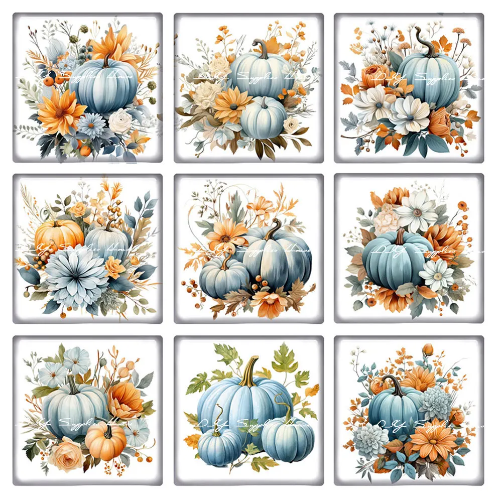 

10pcs/lots Autumn Fall Thanksgiving Blue Pumpkin Flower Photo Glass Cabochon Charms Demo Flat Back Cameo For Diy Jewelry Making