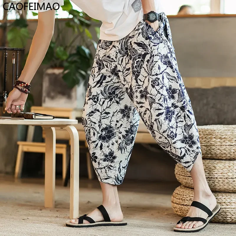 

шорт 2025 Summer Harajuku Calf Length Casual Men's Pants Wide Leg Cotton Linen Printing Harem Baggy Pants Fashion Men's Clothing