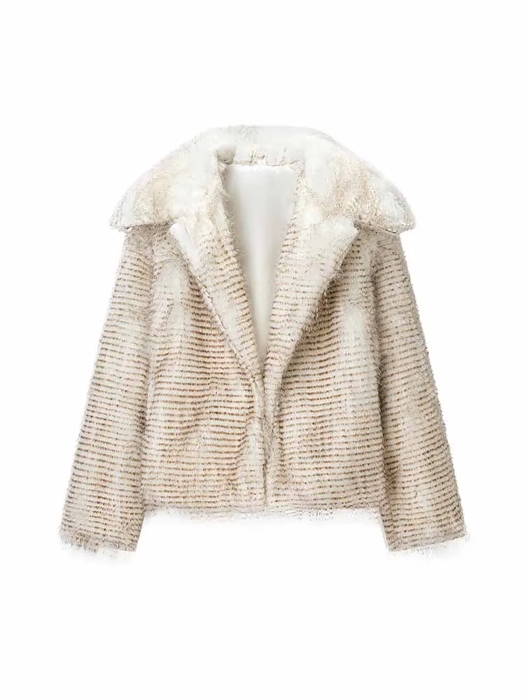 HH Trendy Woman Spring Fashion Long Sleeves Artificial Fur Lapel Striped Decoration Short Coat Female Casual Street Style Coat