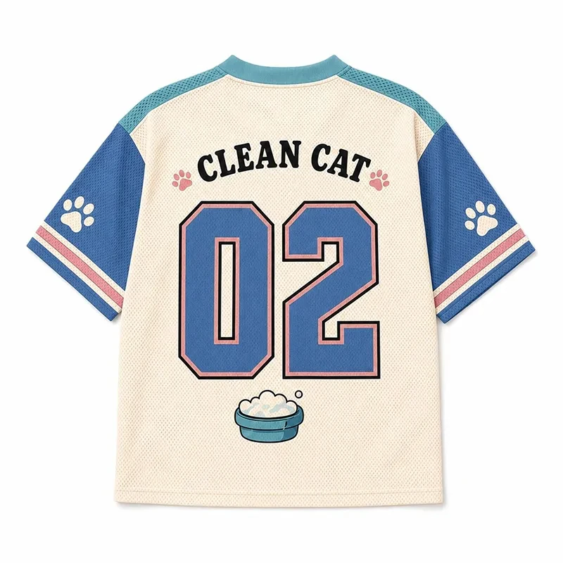 Cartoon Mesh V-neck Rugby Jersey, Cute Black Cat, Bath, Wash Hands, Printed American Loose Short Sleeved Top