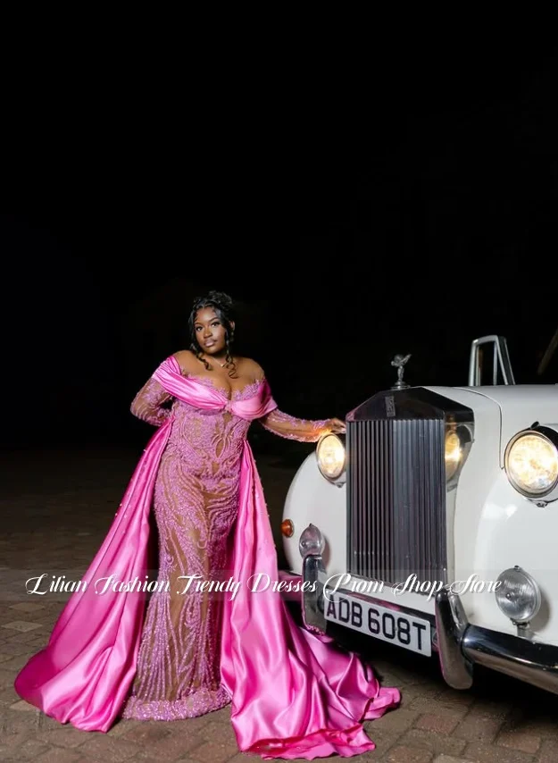 Barbie Pink Sexy Off-the-Shoulder Wedding Dress Customized Sparkling Sheer Mermaid Gown Detachable Train Birthday Party Dress