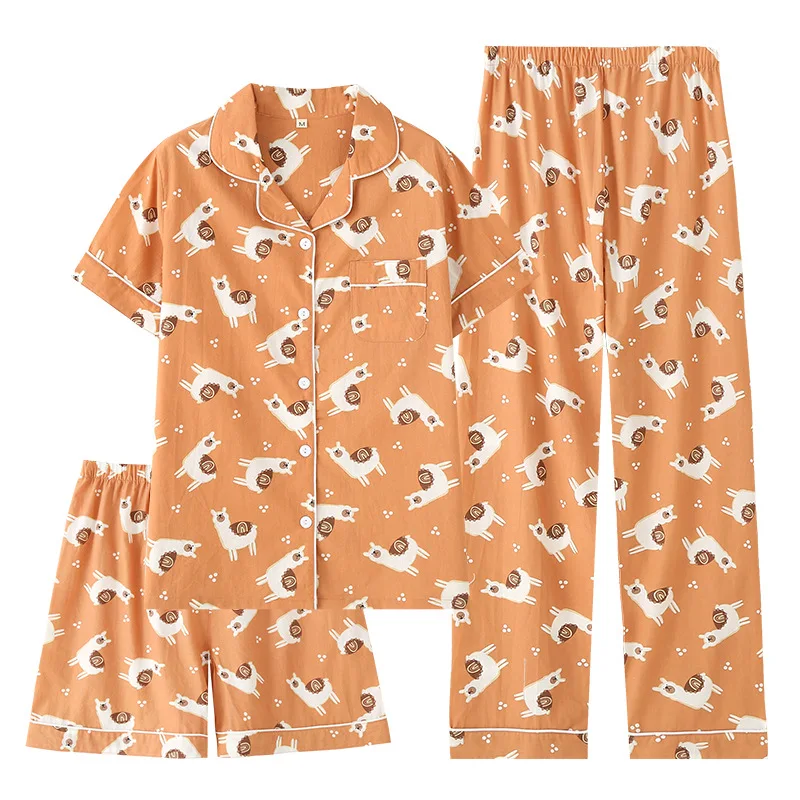 Summer Three-piece Cotton Pajamas for Women Short-sleeved Top + Shorts + Trousers Pijamas Cute Alpaca Loose Home Service Suit