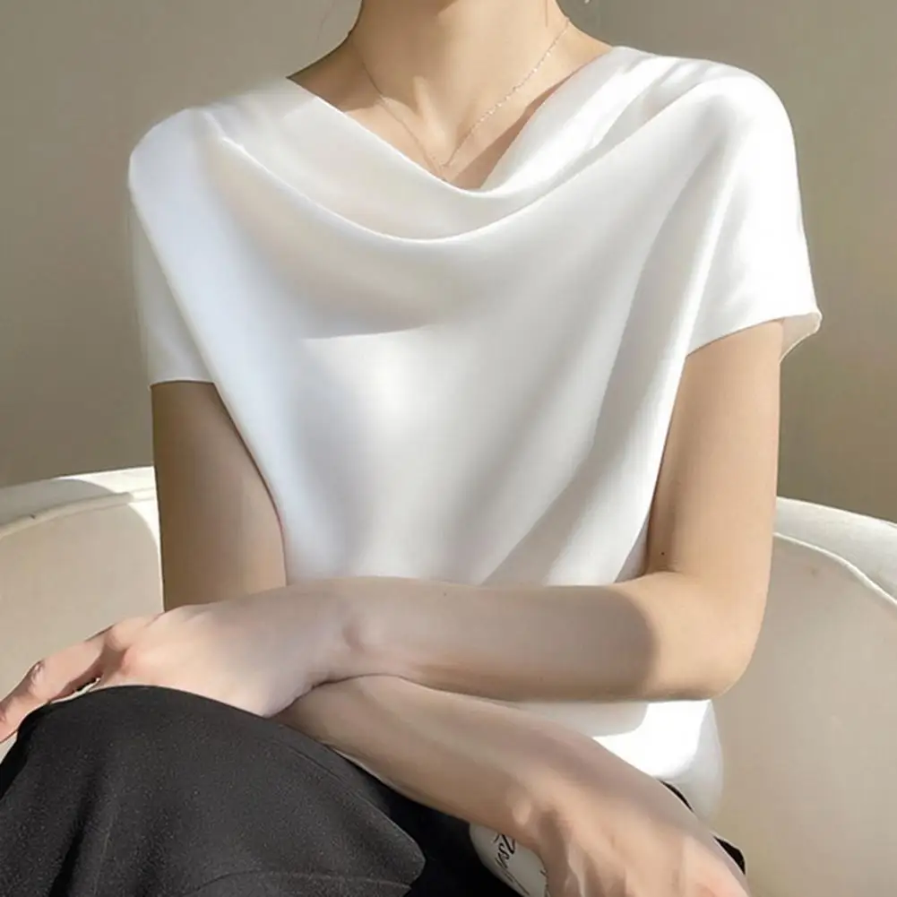 Commuting Blouse Elegant Women's Summer Satin Blouses Piled Collar Tank Tops Short Sleeve Solid Shirts Casual for Streetwear