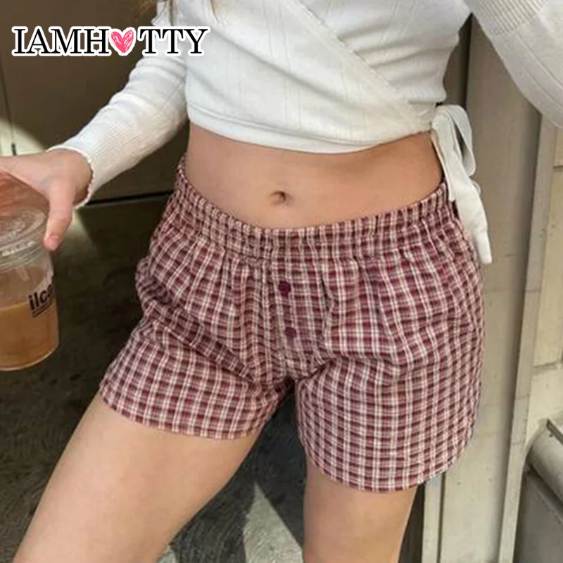 

IAMHOTTY Casual Plaid Loose Hot Pants Women Y2K Contrast Low-waisted Baggy Shorts Fitness Sportswear Summer Harajuku Streetwear