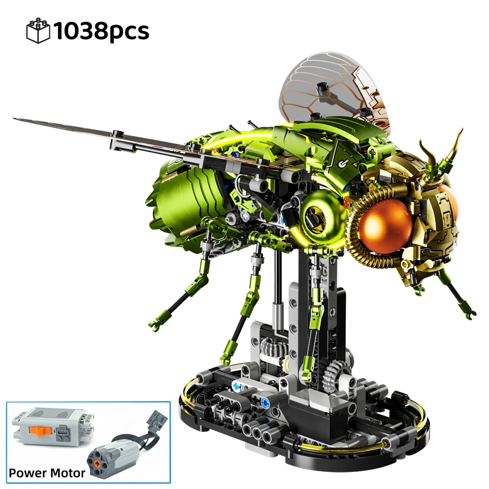 1038 stuks MOC Technische Fly Drosophila Bouwstenen, Cyberpunk Mechanisch Insectenmodel, Verlichte Gear Desktop Gift