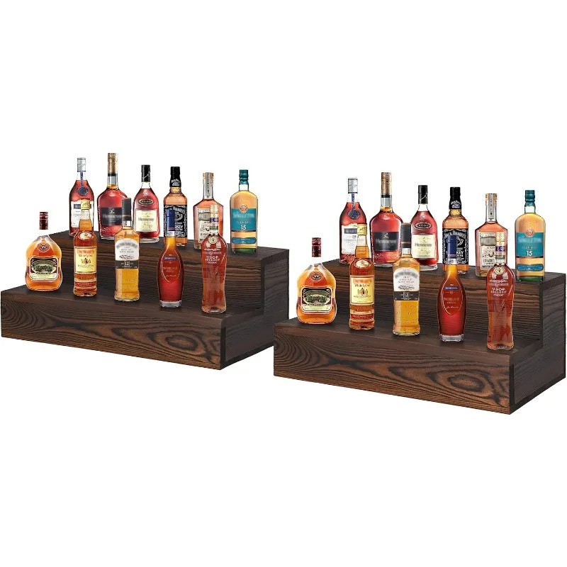 Bottle Display Shelf 2 Pack, Wood Bar Bottle Shelves,Tabletop Wine Rack,Tiered Bottle Stand, Bar Shelf Stand for Liquor,