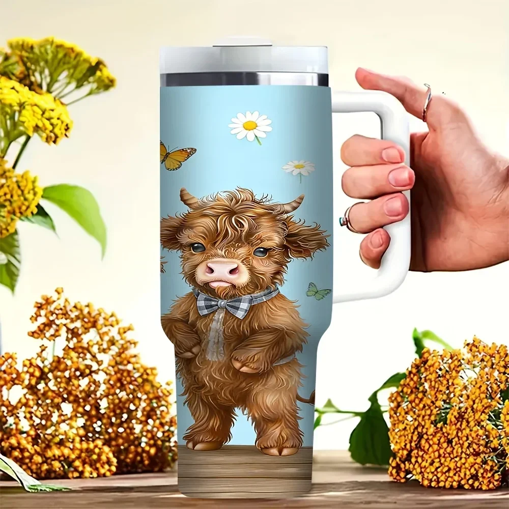 40oz Tumbler with Handle, Cute Fluffy Highland Cow Daisy Butterfly Print, Suitable for Everyone, Fits All Seasons, Perfect for Daily Use And Outdoor Activities, Keeps Both Hot And Cold Drinks