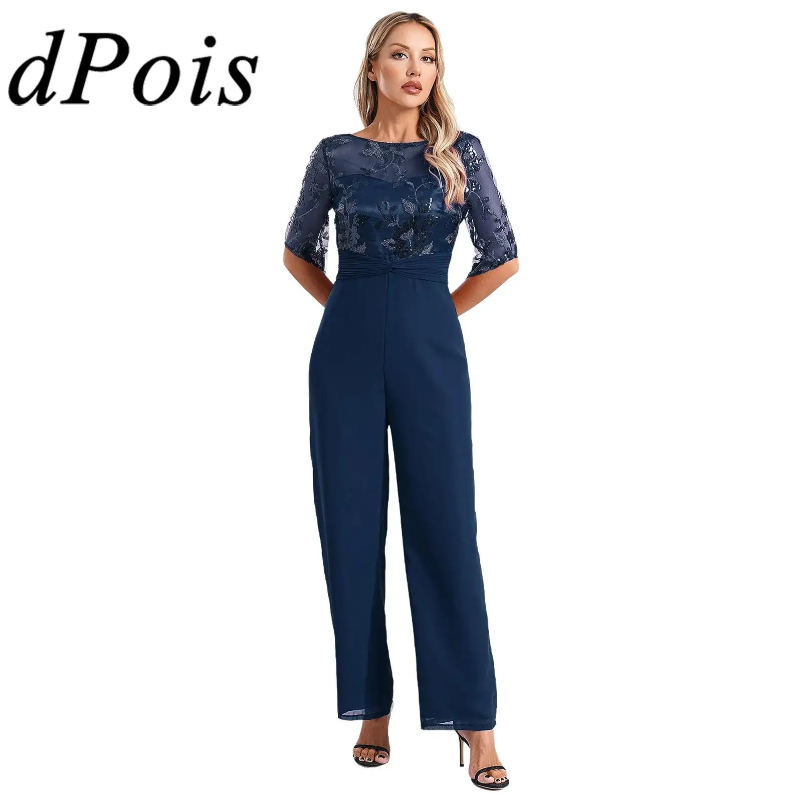 

Womens Sequined Mesh Jumpsuit Short Sleeve Wide Leg Pants Rompers Woman's Jumpsuits for Evening Party Cocktail Banquet Costume