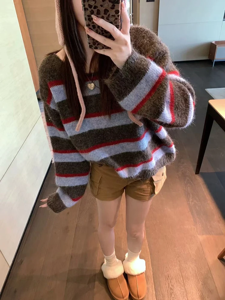 

Preppy Striped Crop Knit Sweater Women Vintage Pure Cotton Lazy Wind Pullovers Loose Casual Long Sleeve O Neck Student Jumpers