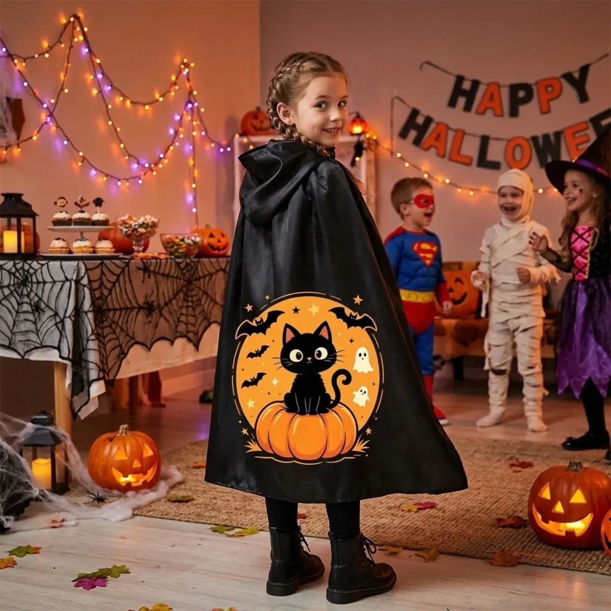Custom Halloween Cloak Hooded Black Cape Long Robe Witch Costume for Cosplay Party Performance Holiday Decorations