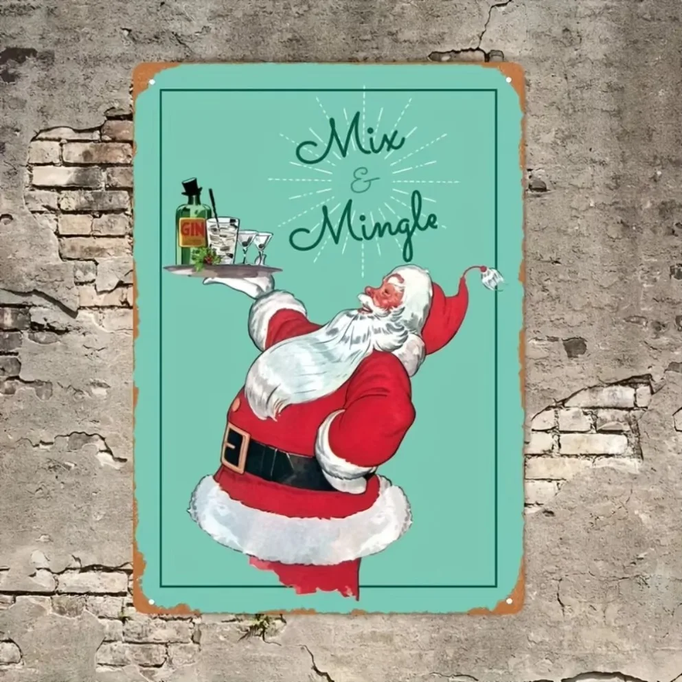 قطعة واحدة من لافتة سانتا المعدنية العتيقة "ميكس آند مينغل" ثنائية الأبعاد - فن جداري متين لعيد الميلاد، مثالي للمنزل/البار والمقهى/المرآب/الفناء
