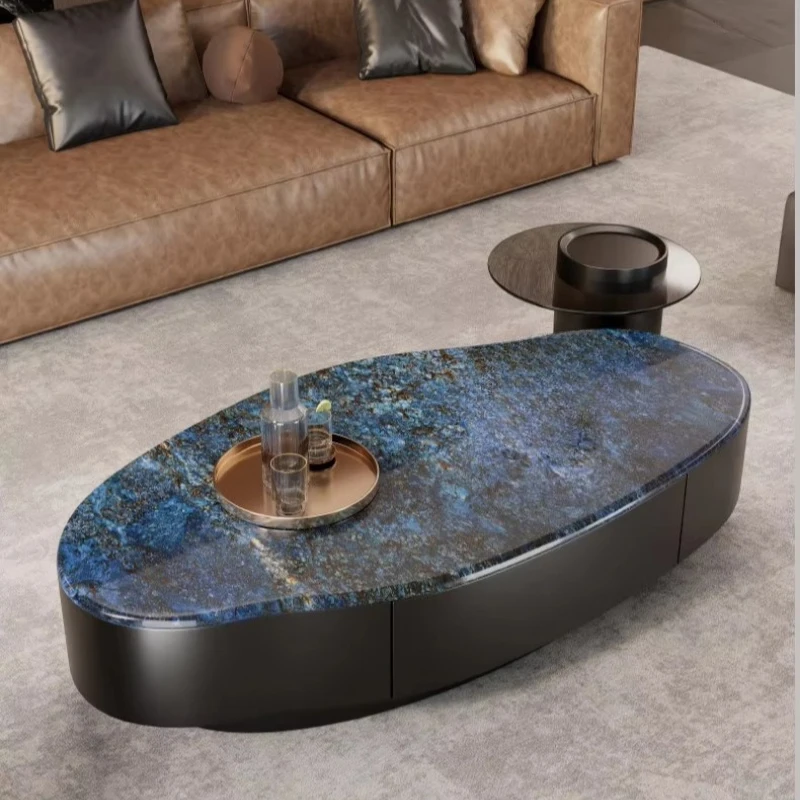 Light luxury microcrystalline stone coffee table with carbon steel frame storage space, suitable for living rooms