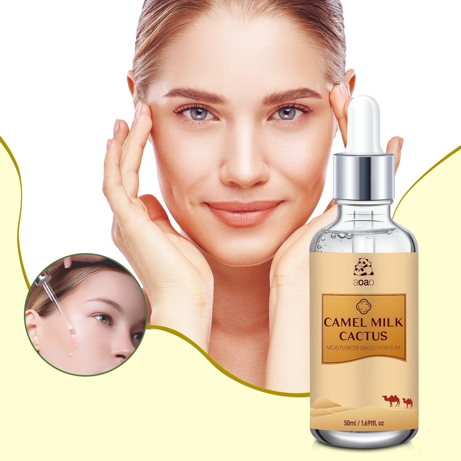 جوهر حليب الجمل مع بيرسلين وحمض الهيالورونيك والكولاجين. مصل مرطب عميق وغير دهني.