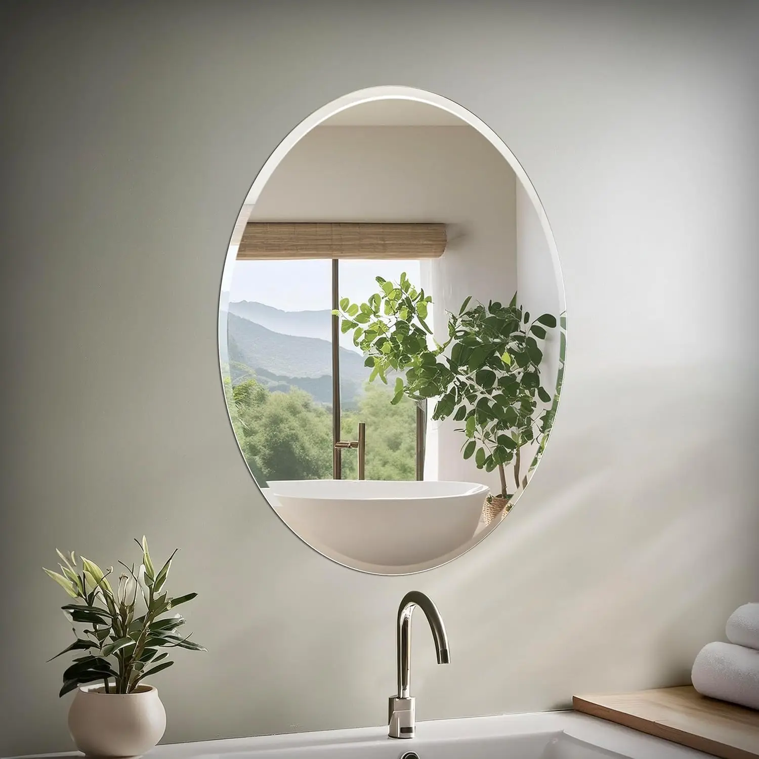 

32"H x 24"W Modern Oval Wall Mirror for Bathroom, Living Room, Vanity - Slim Frameless Design with Easy Mount Safety Bracket