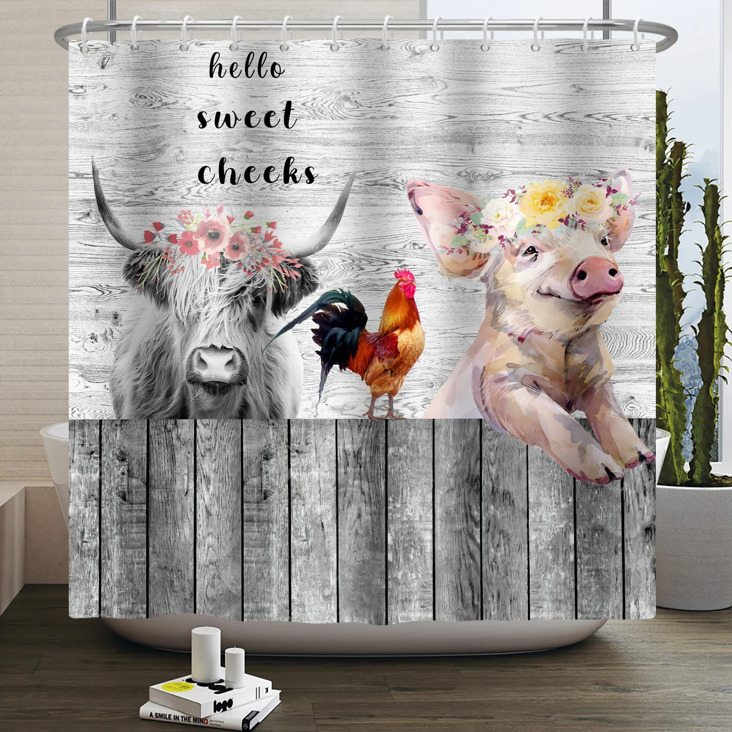 Farm Animals Shower Curtain Cute Funny Cow Chicken Pig Flower Horse Wood Farmhouse Barn Rustic Shower Curtain for Bathroom Decor