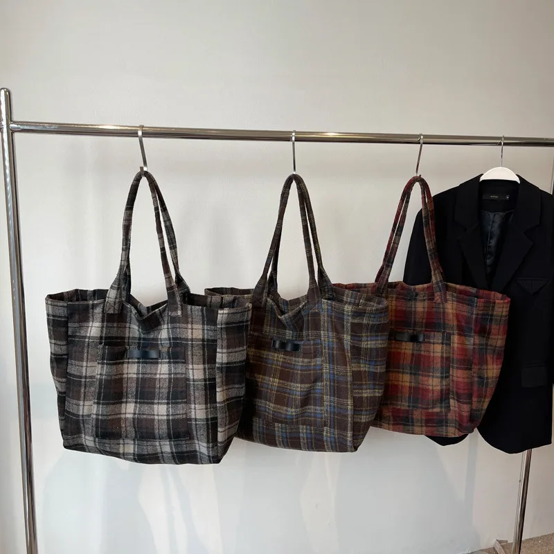 Color Blocking Checkered Large Capacity Tote For Women Korean Version Autumn And Winter Casual Shoulder 2024 Niche Trend Women's