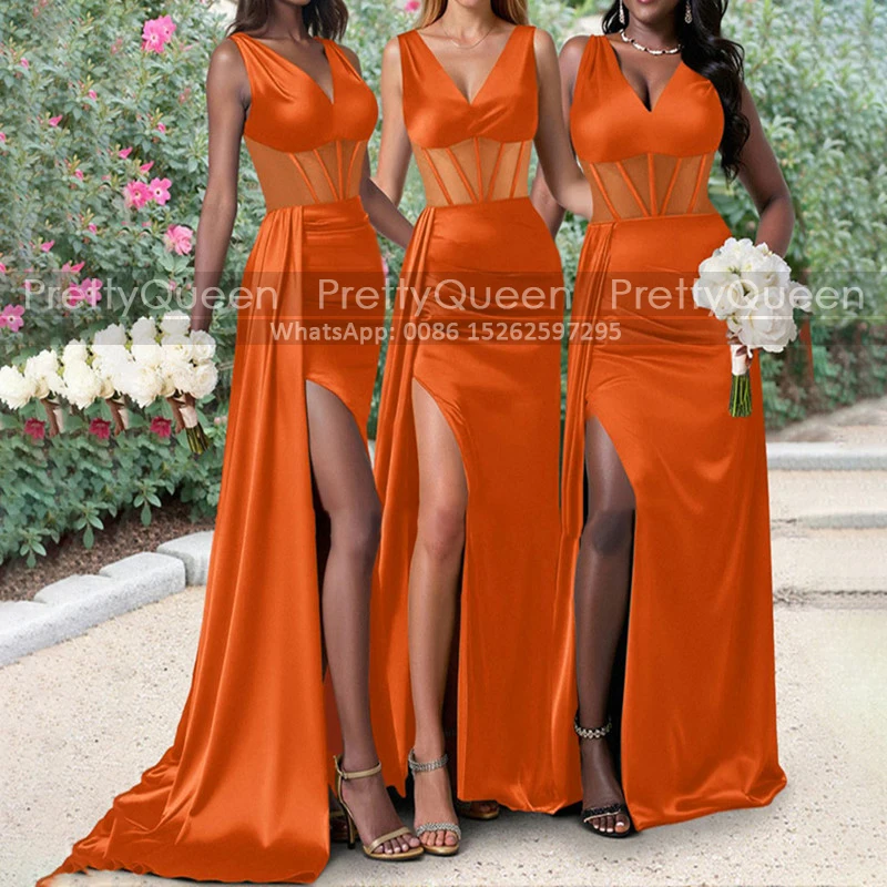 Plus Size Long Bridesmaid Dresses Customized V Neck High Split Orange Mermaid Sheer Waist Wedding Party Dress