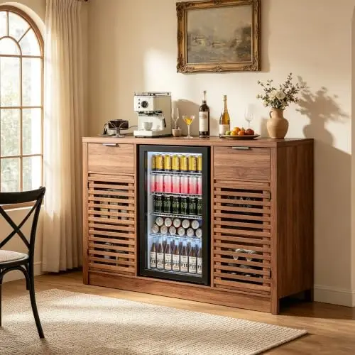 Coffee Bar Cabinet with Fridge Space & Power Outlets, Fluted Home Bar Cabinet with Wine Rack & Glass Holder, Mini image 3