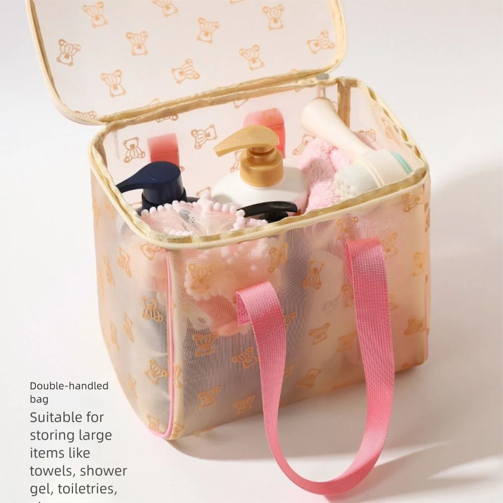 Tas Kosmetik Jaring Kapasitas Besar Ritsleting Kantong Penyimpanan Perlengkapan Mandi Multifungsi dengan Pegangan Tas Rias Perspektif Portabel