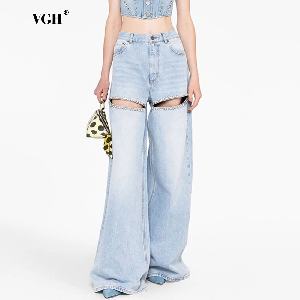 

VGH Hollow Out Spliced Diamonds Denim Wide Leg Pants For Women High Waist Patchwork Pocket Minimalist Trousers Female Fashion