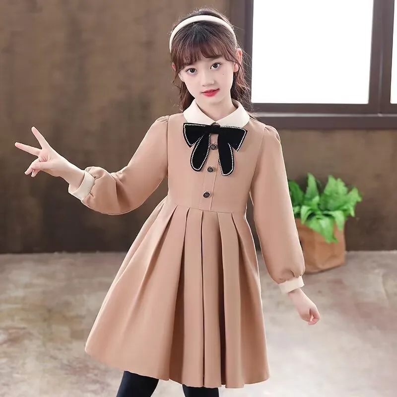 2024 European teens Children Clothes spring Autumn Girls Christmas Dress Kids bow princess button pleated skirt 4 to 12 NEW year