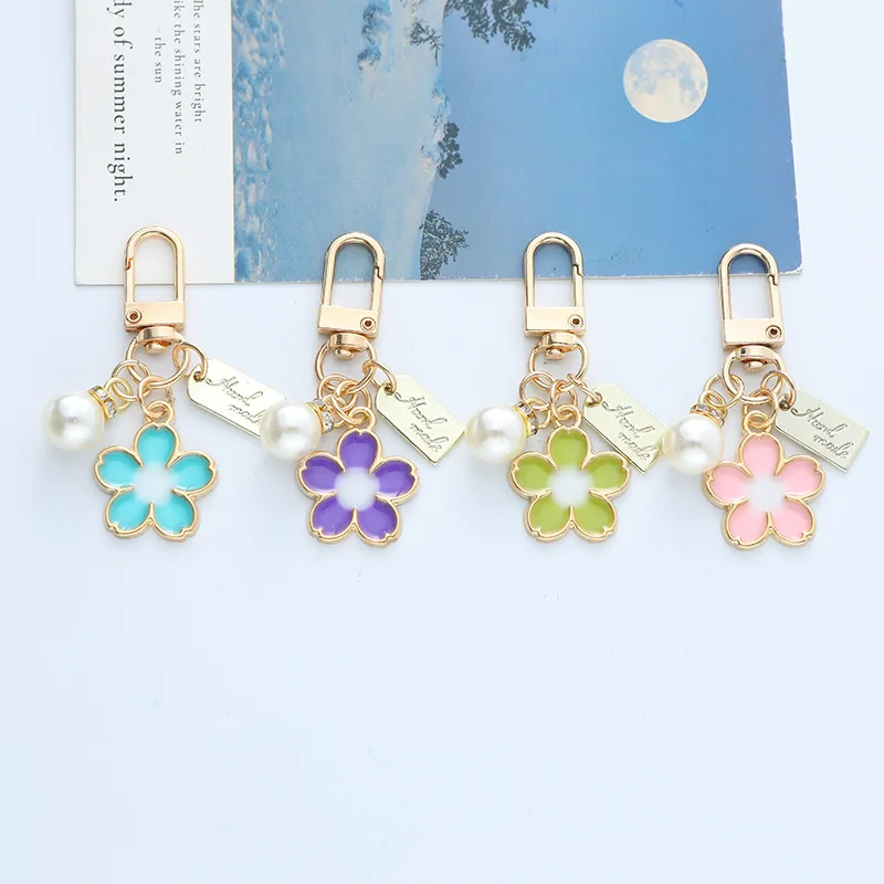 Sweet Cherry Blossoms Pearl Keychain for Women Girls Fashion Cute Gold Color Key Buckle Earphone Box Handbag Key Decoration Gift