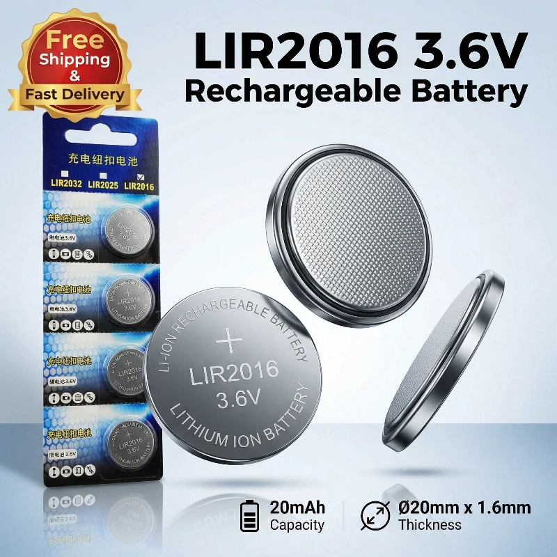 

LIR2016 Rechargeable Lithium Battery 3.6V 40mAh Coin Cell, Replace CR2016 for Watch, Key Fob, Toys, Button Battery 2-20PCS