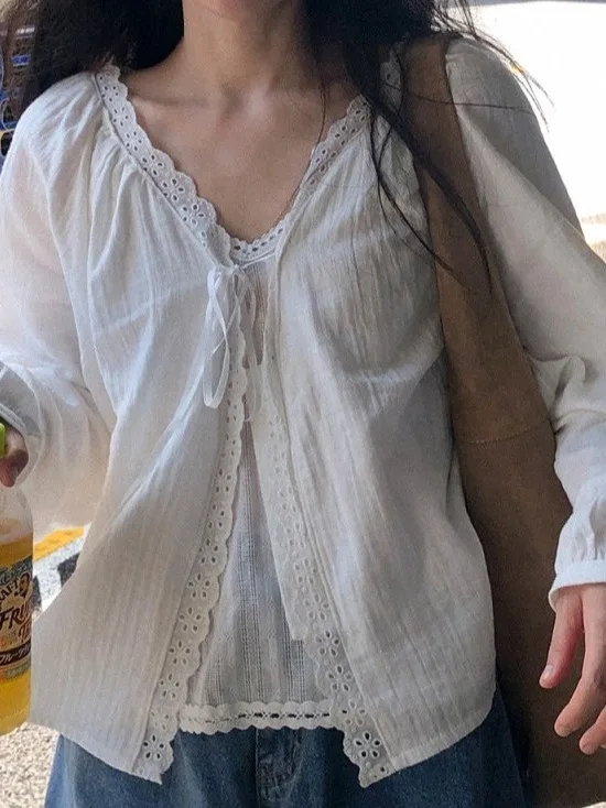 Retro Lace Splice Damen Long Sve Sonnenschutz irt Chic Sweet Anti-Aging Trendy Cardigan Top V-Ne Loose Fit Sommer