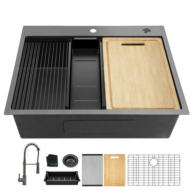 

27" Topmount Gunmetal Black Workstation Sink, 18G Stainless Steel, Single Bowl, w/ Faucet