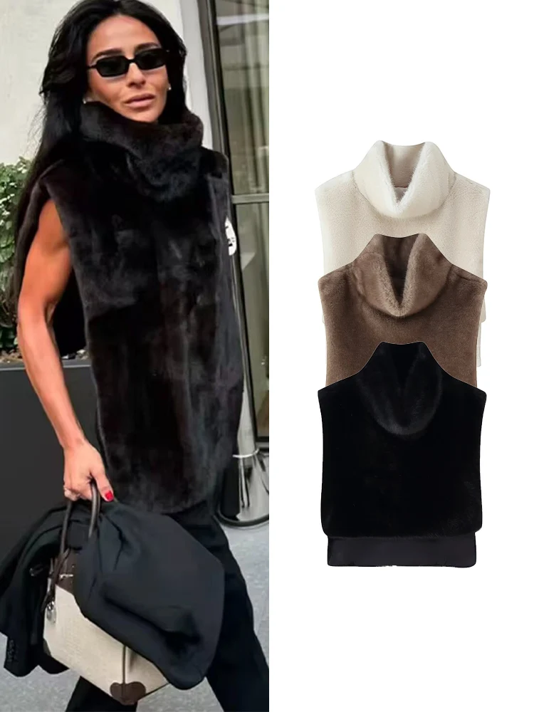 

Повседневный женский однотонный жилет из искусственного меха, модный свободный жилет без рукавов с высоким воротником, новые шикарные женские элегантные жилеты Highstreet
