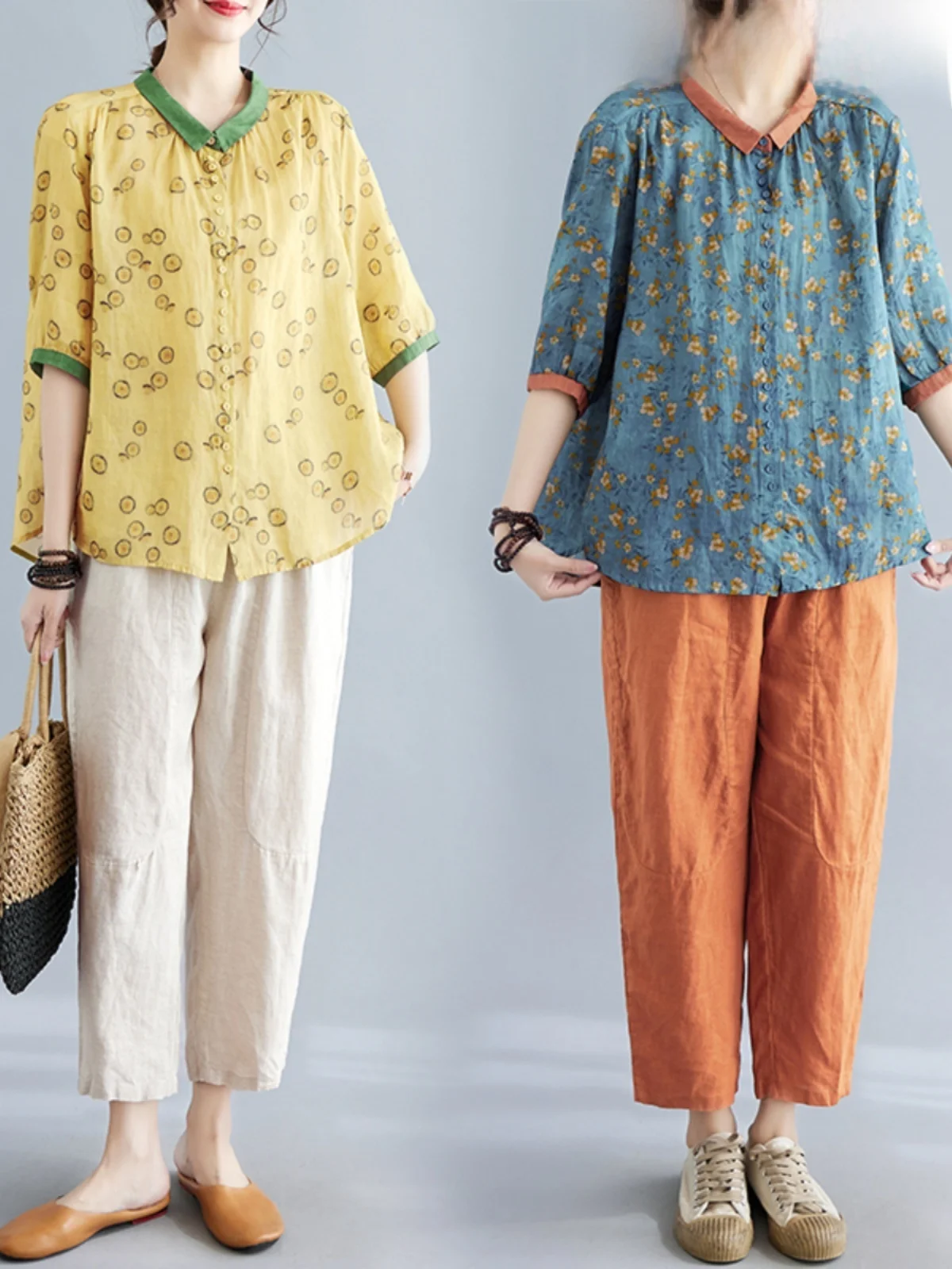 

Women's Cotton Linen Harlan Pants Shirt Print Cotton Linen Set Summer Anti-Aging Trendy Two-Piece Suit Casual Sportswear